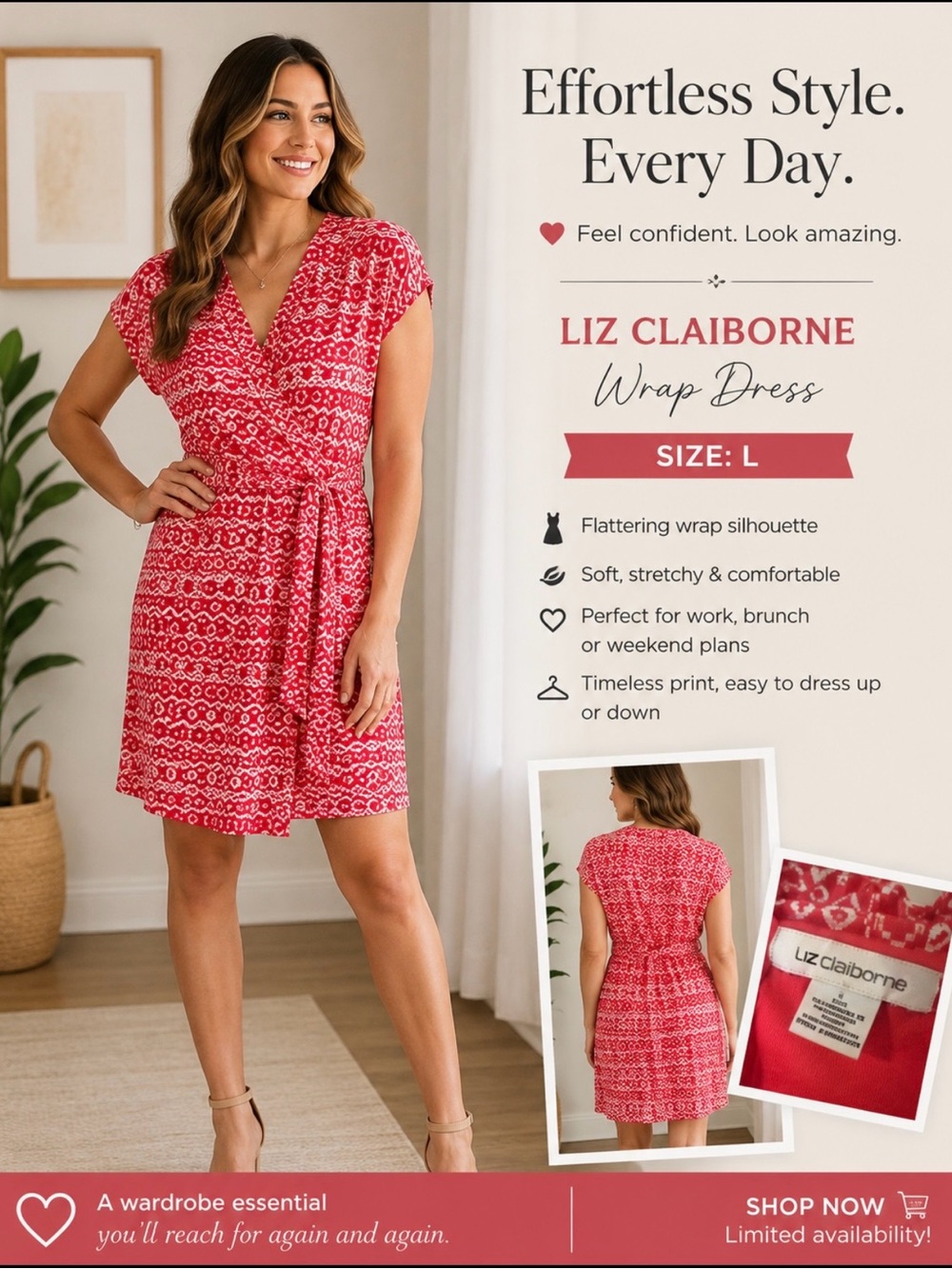 Liz Claiborne Coral Red and White Patterned Midi Dress
